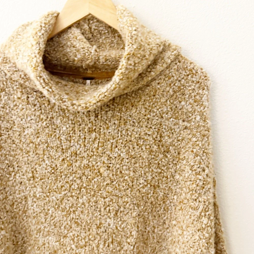 Free People BFF Cowl Neck Oversized Sweater Light Brown Boucle Knit Size Large